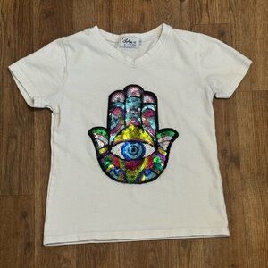 Lola + The Boys Hamsa Girls Kids Evil Eye Sequin White V-Neck Tee Shirt Size 8